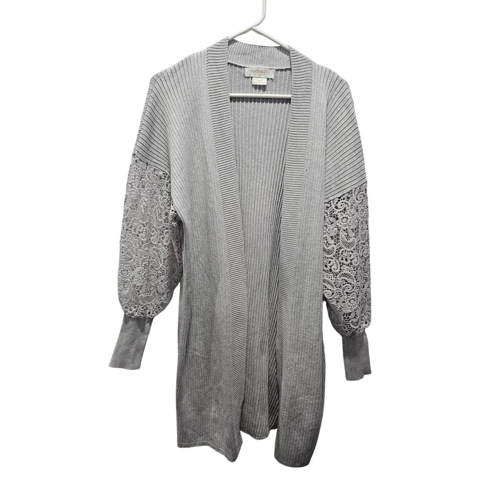 CocoBleu Gray Longline Lace Bishop Sleeve Cardigan Romantic Cottagecore L